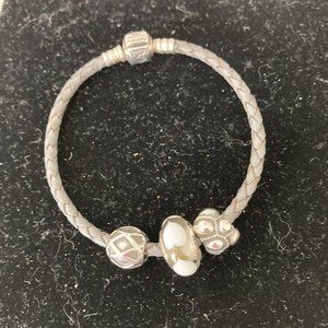 Authentic grey Pandora leather bracelet with 3 charms, 2 are sterling silver